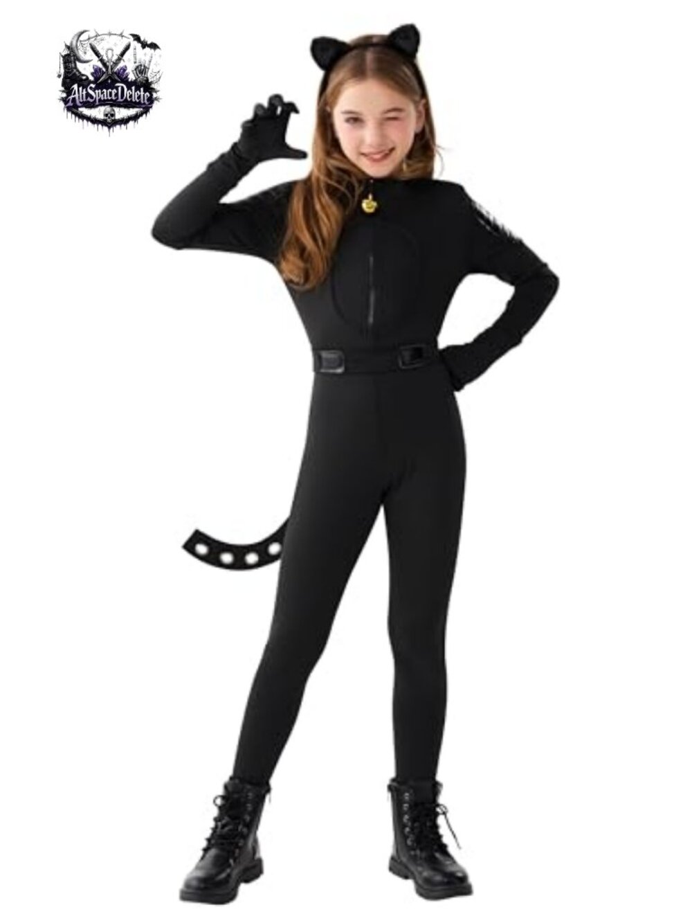 Girls Black Cat Costume Set with Tail Bodysuit Halloween Cosplay